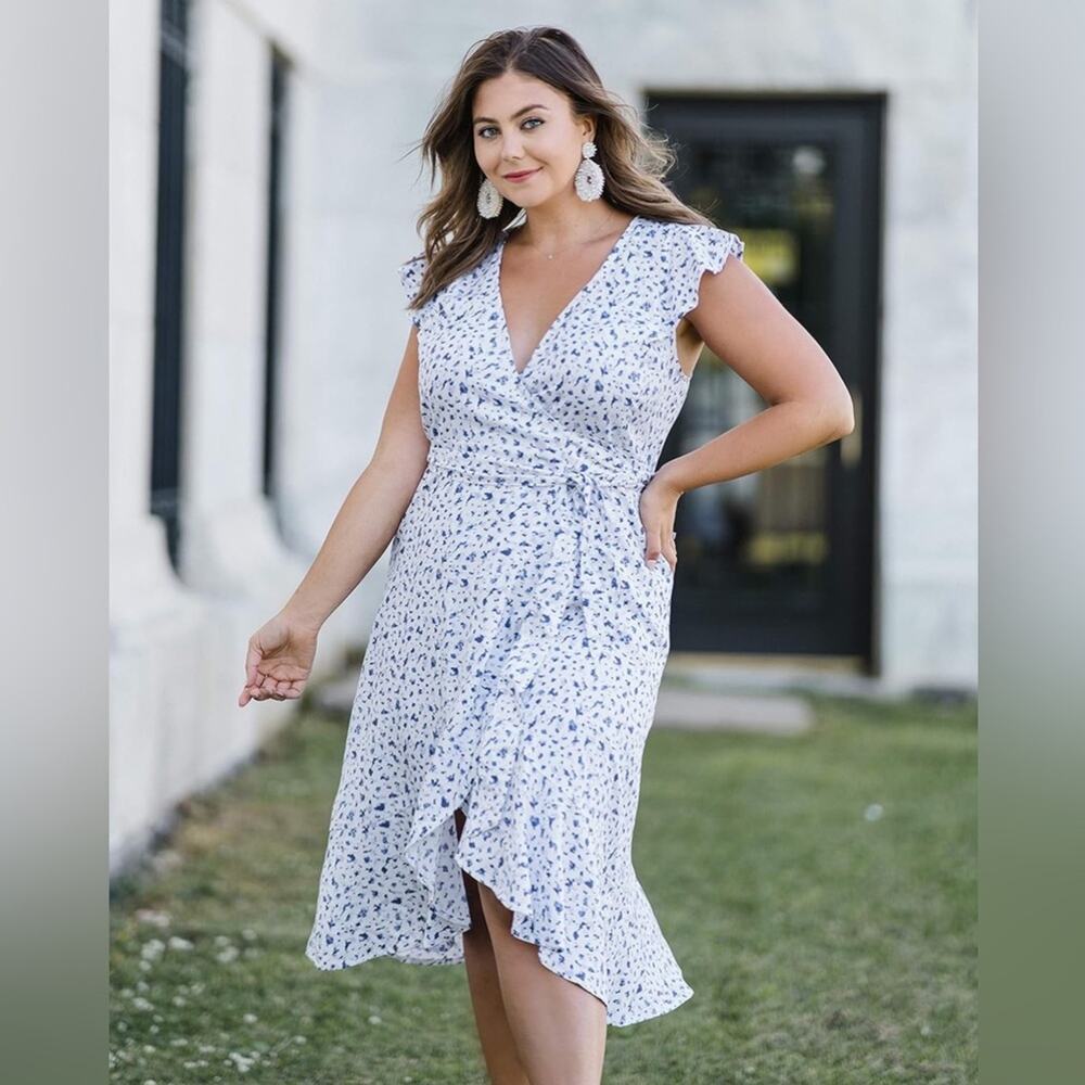 Blue Floral Wrap Midi Dress Ruffle Sleeve Cottagecore Coastal Brunch - Picture 1 of 9